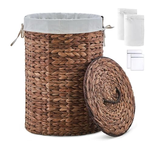 Round Water Hyacinth Laundry Hamper with Lid Handwoven Wicker Basket with Handles for Dirty Clothes, Storage, and Organization Ideal for Bedroom, Bathroom, and Laundry Room, No Assembly Required, 60L - color: Espresso, size: 60L