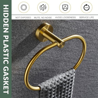 Brushed Gold Bathroom Hardware Set, 2 Pieces, 304 Stainless Steel | Rustproof for Bathroom Restroom Sink, 180° swivel towel ring, Toilet Paper Holder Fits Most Roll Size, Drilling Wall Mounted - color: Brushed Gold Oval Shape