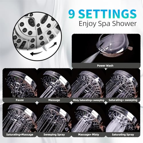 9 Functions High Pressure Shower Head with Handheld,Built-in Pause Mode&Power Wash,Non-Clogging Nozzles,6ft Hose&Bracket