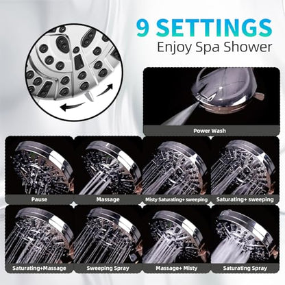 9 Functions High Pressure Shower Head with Handheld,Built-in Pause Mode&Power Wash,Non-Clogging Nozzles,6ft Hose&Bracket
