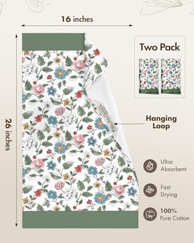 2pcs Cotton Waffle Kitchen Towels, Vibrant Botanical | Waffle Weave, Terry Cloth, Pure Cotton, Sustainable, 16"x26", Highly Absorbent, with Hanging Loop, Giftable Package - color: Vibrant Botanical