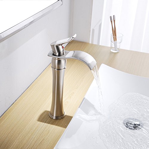 BWE Brushed Nickel Bathroom Vessel Sink Faucet 1 Hole, Modern Style | Single Handle, Wide Waterfall Spout, Ceramic Cartridge, Solid Brass Body, Pop-Up Drain & Water Line Included, Easy Install, - color: Brushed Nickel