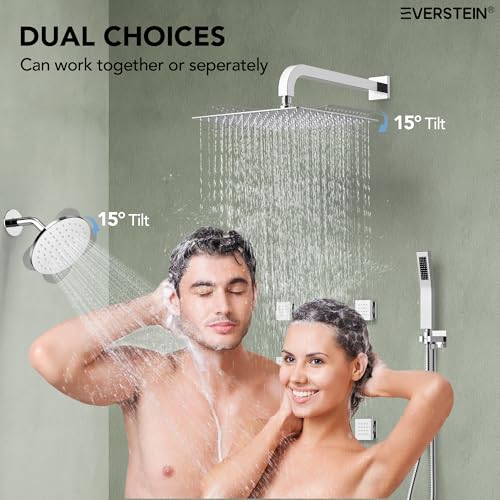 Wall Mount 12" High-Pressure Rainfall Shower Faucet, Dual Rainfall Shower Head System with 6 Body Jets (Polished Chrome) | Wall Mount, High-Pressure, Dual Rainfall Shower Head System, 6 Body Jets - color: Polished Chrome