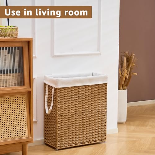Slim Wicker Laundry Hamper, 75L Handwoven Rattan Basket with Handles, Narrow Laundry Basket with Removable Liner Bag & 2 Mesh Bags - color: Brown, size: 75L