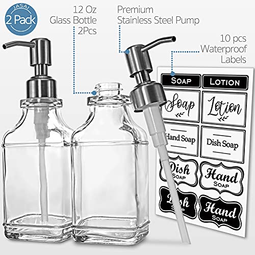 JASAI 2Pack Hand&Dish Glass Soap Dispenser with Rust Proof Pump & Stickers | Kitchen Soap Dispenser with 304 Stainless Steel Pump, Premium Bathroom Soap Dispensers for Dish Soap, Hand Soap，Lotion - color: 2 Pack Silver