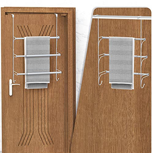Auledio Adjustable Over The Door Triple Towel Rack with Hooks,Silver - color: Silver