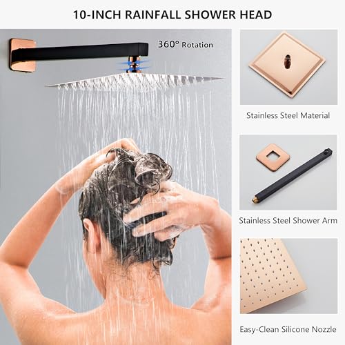 Shower Faucet Set with Tub Spout, Matte Black and Rose Gold Rainfall Shower System Complete Wall Mounted for Bathroom with 10 Inch Square Shower Head and Handheld Shower Head Rain Mixer Combo - color: Matte Black+Rose Gold, style: 10 Inch with Tub Spout