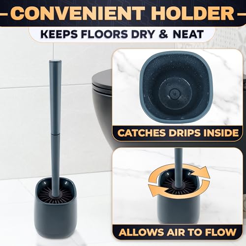 Toilet Brush and Holder, Silicone and Plastic (Grey) | Toilet Brush and Plunger Set, Easy to Place and Simple to Store After Use, Compact Bath Accessory for Small Spaces - color: Gray