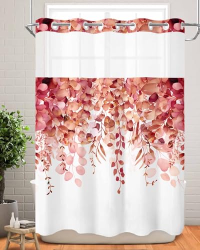 No Hook Shower Curtain and Snap in Liner Set, Red Eucalyptus Fabric Bathroom Stall Shower Curtains 48x72, See Through Mesh Top Window, Spring Summer Botanical Floral Leaves Country Hotel Style - color: Red, size: 48"W x 72"L (Pack of 1)