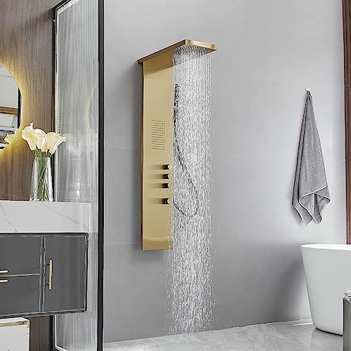BWE 3 IN 1 Shower Panel Stainless Steel Shower Panel Tower System | Rainfall Shower Head with Handheld Shower and Rain Massage Body Jets Wall Mount Shower System,Brushed Gold - color: Brushed Gold