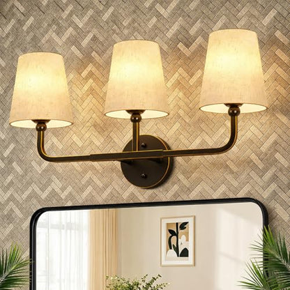 MOKATNG Bathroom Light Fixtures, 3-Light Oil-Rubbed Bronze Vanity Lights, Bathroom Lighting Fixtures Over Mirror with Flared Linen Shade, Modern Wall Sconces for Living Room Hallway - color: Oil-Rubbed Bronze & Beige Shade