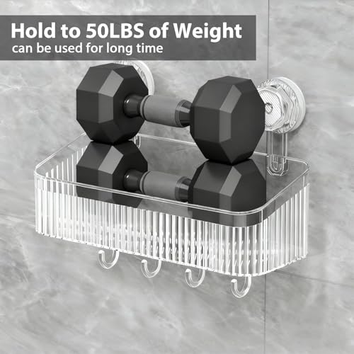 3 Pack Suction Cup Shower Caddy Not Suitable for Wet Wall | Clear Shower Shelves No Drillingwith Movable Hooks & Toothbrush Holder, Wall Storage Shelves for Bathroom, Kitchen