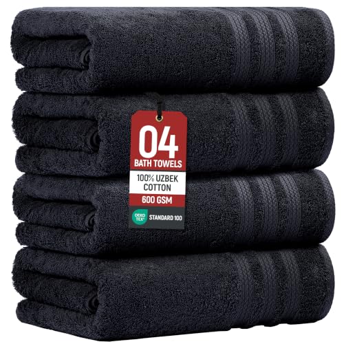 Bath Towels Set of 4 Extra Large Towels Set, 30x60 in, 100% Uzbek Cotton 600 GSM, Oeko-TEX, Larger & Lighter Weight, Quicker to Dry, Super Soft and Absorbent, Perfect for Bathroom – Black - color: Black