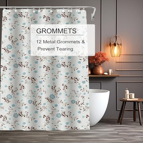 TIKABC Shower Curtain Liner, White Flower 4G PEVA Shower Liner, Plastic Waterproof Shower Curtains, 72x72 inch with Grommet Holes 3 Magnetic Weights - color: Black Leaf Blue Flower