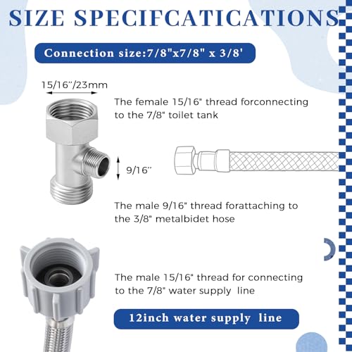 Blulu Bidet T Adapter, Brass 3 Way Valve with 12 Inch Toilet Connector | Fits 7/8" x 7/8" x 3/8" Bidet Connections, Solid Brass Valve, Stainless Steel Hose, Leak Resistant Seal for Toilet Bathroom