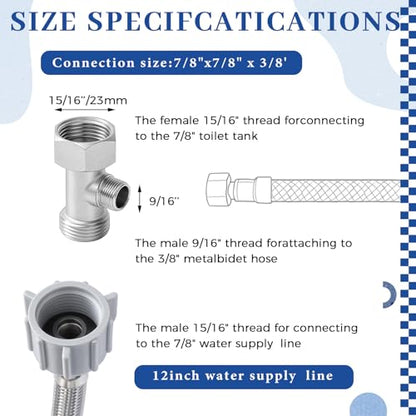 Blulu Bidet T Adapter, Brass 3 Way Valve with 12 Inch Toilet Connector | Fits 7/8" x 7/8" x 3/8" Bidet Connections, Solid Brass Valve, Stainless Steel Hose, Leak Resistant Seal for Toilet Bathroom