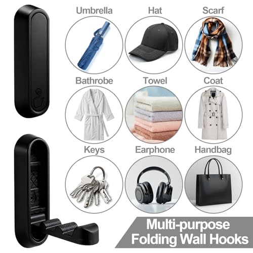 6 Pack Folding Wall Hooks – Heavy Duty Black Coat Hooks, Foldable Zinc Alloy Wall Mount Hooks for Hanging Coats, Hats, Towels, Bags, Keys, Robes, Christmas Socks & Wreaths – Holds up to 55 lbs - color: Black 6 Pack
