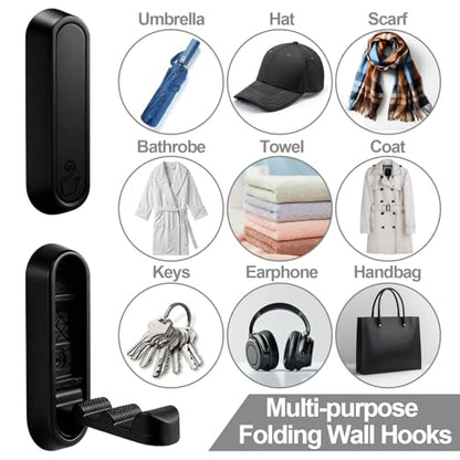 6 Pack Folding Wall Hooks – Heavy Duty Black Coat Hooks, Foldable Zinc Alloy Wall Mount Hooks for Hanging Coats, Hats, Towels, Bags, Keys, Robes, Christmas Socks & Wreaths – Holds up to 55 lbs - color: Black 6 Pack