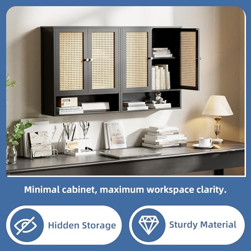 HITNET Wall Mounted Bathroom Cabinet, Rattan Hanging Cabinet, Space-Saving Bathroom Wall Cabinet with 2 Doors and Adjustable Shelves, Black - color: Black