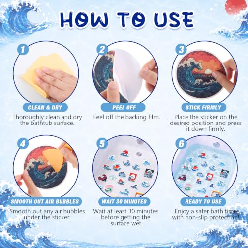 Fullhawl 30 Pcs Ocean Wave Non Slip Bathtub Stickers with Scraper | Ocean Wave, Textured PEVA, Anti Slip Shower Floor Decals, Bath Treads, Tubs, Showers and Smooth Tile Floors - style: Wave