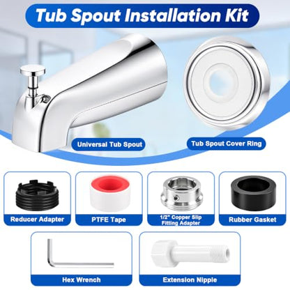Universal Polished Chrome Tub Spout with Diverter, Metal Cover and Adapter | Pull Down Bathroom Tub Faucet Replacement, for 1/2" Copper Pipe, 1/2" IPS & 3/4" IPS threaded, Bathtub Spout with Hex Wrench - color: Chrome