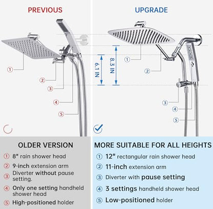 G-Promise 12 Inch All Metal Rain Shower Head with Handheld Spray (Chrome) | Suits Every Height, Pause Mode Diverter, Massage Mode Handheld, Full Body Coverage, Easy to Install, Modern Bath Upgrade - color: Chrome, size: 12 Inch