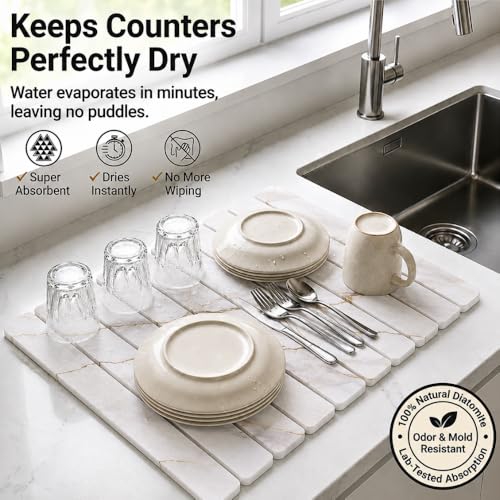 Large Stone Dish Drying Mat for Kitchen Counter, Foldable & Super Absorbent Diatomaceous Earth Drying Pad for Dishes, Cups, Bottles with Anti-Slip Mesh & Quick Dry (White Marble 24"L x 16"W) - color: White Marble