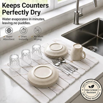 Large Stone Dish Drying Mat for Kitchen Counter, Foldable & Super Absorbent Diatomaceous Earth Drying Pad for Dishes, Cups, Bottles with Anti-Slip Mesh & Quick Dry (White Marble 24"L x 16"W) - color: White Marble