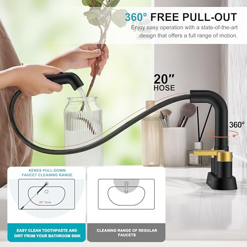 Black and Gold Pull Down Centerset Bathroom Faucet 3 Hole 2 Handle | Pull Out Bathroom Faucet with Pop Up Drain & Supply Lines, Lead-Free cUPC & NSF Certified, 4 Inch Faucet for Vanity RV Sink - color: Black & Gold