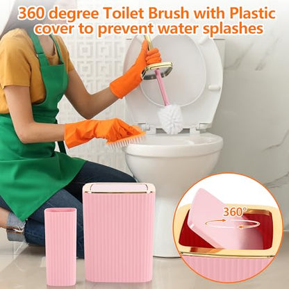 9 PCS Pink Bathroom Accessories Set with Trash Can Bathroom Accessory | All-in-One Kit with Trash Can,Toothbrush Holder,Soap Dispenser,Toothbrush Cup,Vanity Tray,Soap Dish,Toilet Brush etc for Home - color: Pink