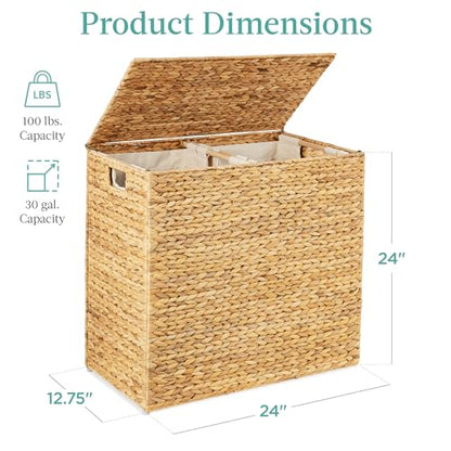 Best Choice Products Large Double Laundry Hamper with Lid, Natural Handwoven Water Hyacinth, 2 Sections w/ 2 Machine Washable Linen Liner Bags, Portable, Handles - Natural - color: Natural