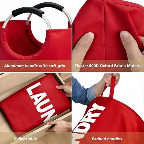 Maxsilan 90L Large Laundry Basket Bag, Collapsible Tall Hamper, Red | Freestanding tall laundry bag & foldable washing basket. Extra large clothes storage bin with durable sturdy handles - color: Red, size: 90L