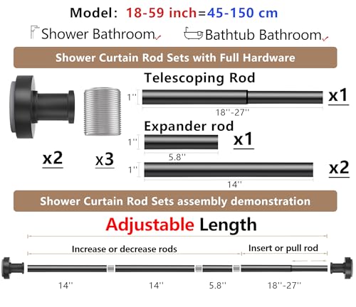 Black Tension Shower Curtain Rod – Adjustable 18-59 Inches, Fits 20-58 Inch Spaces, No Drill Rust Resistant Spring Rod for Bathroom, Kitchen, Bedroom, Balcony - color: Black, size: 18-59 inch without hooks
