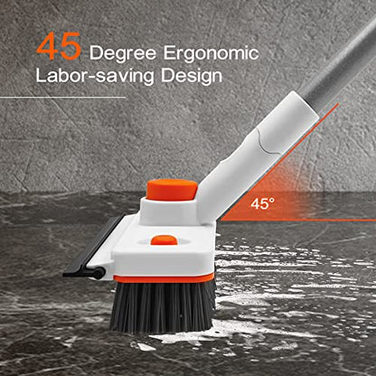 Floor Scrub Brush with Long Handle, 3 in 1 Extendable Stiff Bristle Scrape Brush, 60-In Shower Scrubber Brush with Squeegee and 2 Replacement Heads for Cleaning Bathroom Kitchen Deck Tub Tile