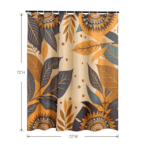 Burnt Orange Botanical‌ Pattern Linen Shower Curtain Set with Liner | Double Layer Shower Curtain Waterproof Fabric with Zippered Removable PEVA Liner,Boho Shower Curtain for Bathroom,Free Hooks - color: Sunflower