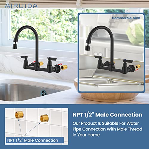 Airuida 8 Inch Matte Black Wall Mount Kitchen Sink Faucet | 2 Handle Kitchen Faucet,without Adapter,360° Swivel Spout,Commercial Sink Faucet,for Laundry Utility - color: Matte Black