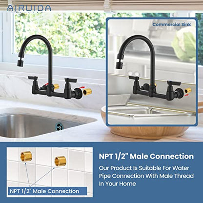 Airuida 8 Inch Matte Black Wall Mount Kitchen Sink Faucet | 2 Handle Kitchen Faucet,without Adapter,360° Swivel Spout,Commercial Sink Faucet,for Laundry Utility - color: Matte Black