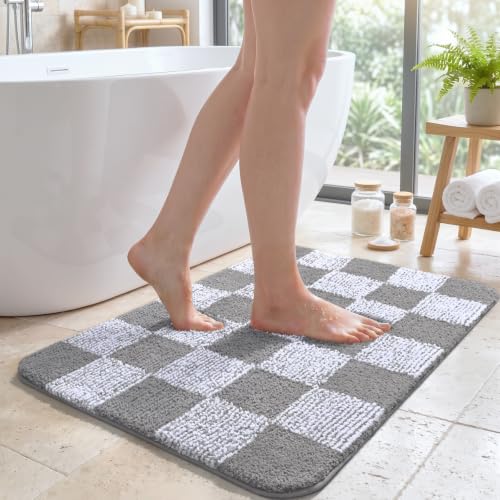 LOCHAS Bathroom Rugs 36×24, Checkered Bath Mat Non Slip, Grey | Rubber Backing Absorbent Machine Washable, Microfiber Carpet for Kitchen Bedroom Entryway - color: Grey, size: 36" x 24"