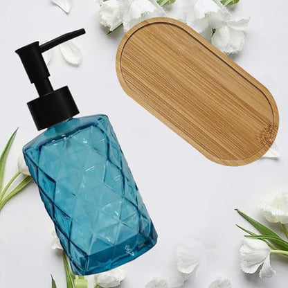 12oz Blue Glass Hand and Dish Soap Dispenser Set, Diamond Design, Set of 2 | Bathroom Soap Dispenser with Plastic Pumps, Bamboo Tray for Hand Wash & Dish Wash, for Bathroom Kitchen Countertop - color: Blue