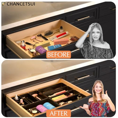 Black Bathroom Drawer Organizer Trays: 9 PC Stackable Desk Organizers Bin | vanity office kitchen modern shallow containers modular storage - color: Black