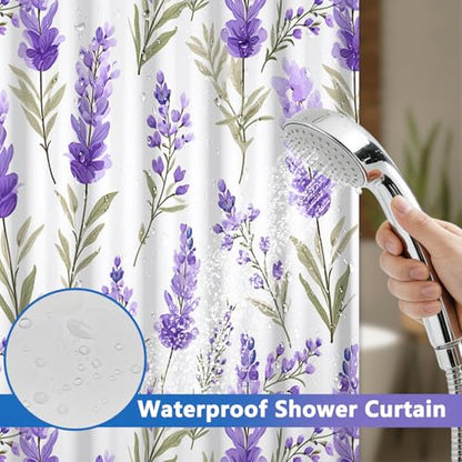 No Hook Shower Curtain and Liner Set, Lavender Shower Curtain with Snap in Liner and Mesh Top Window, Purple Floral Waterproof Fabric Shower Curtains with Weighted Hem for Bathroom Hotel, 71x74 Inches - color: Lavender Garden