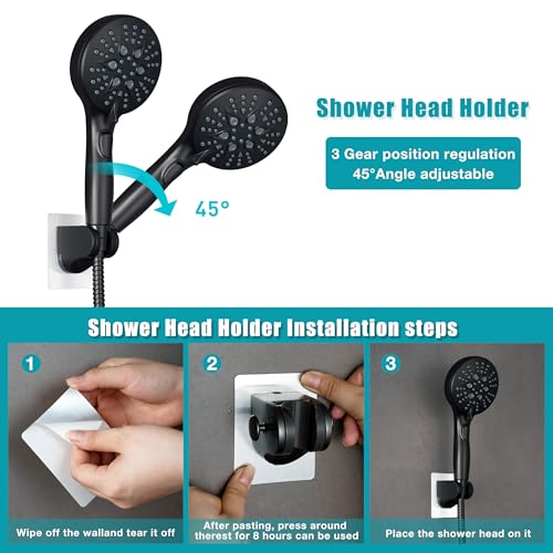 GwernKB Handheld Shower Head with ON OFF Switch & 79in Stainless Steel Hose | Built-in Power Spray,7-Setting High Pressure Spray with Bracket & Extra No Drilling Wall Shower Holder for Lower Mount,Black - color: Matte Black