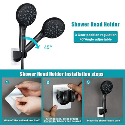 GwernKB Handheld Shower Head with ON OFF Switch & 79in Stainless Steel Hose | Built-in Power Spray,7-Setting High Pressure Spray with Bracket & Extra No Drilling Wall Shower Holder for Lower Mount,Black - color: Matte Black