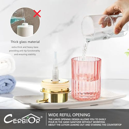 CERBIOR Bathroom Accessories Set, 4 PCS Glass Bathroom Set,Golden Pink | Includes Soap Dispenser, Toothbrush Holder, Toothbrush Cup, Soap Dish for Decorative Countertop and Housewarming Gift - style: Grey Pink