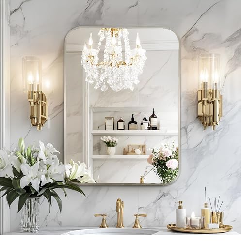 MZON 22x30Inch Brushed Nickel Bathroom Mirror, Rectangle Wall Mounted Mirror for Bathroom or Entryway, Anti-Rust Frame & Tempered Glass, Hangs Horizontally/Vertically - Farmhouse or Bathroom Decor - color: Nickel, size: 30"L x 22"W
