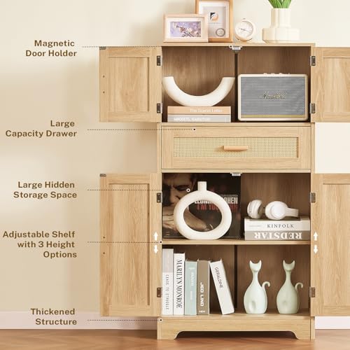 47.2" H Tall Storage Cabinet with Adjustable Shelf, Rattan Cabinet, Cupboard for Living Room, Dining Room, Entryway, Home Office, Natural - color: Natural, 4 Doors