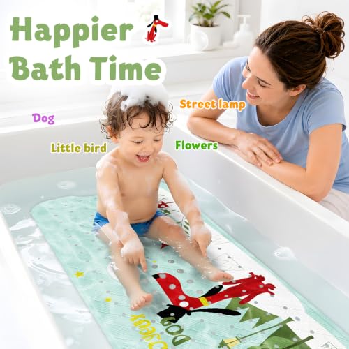 Baby Bath Mat for Tub Non Slip Kids, BPA Free Extra Long Bathtub Mat 40x16 with Drain Holes and 200 Suction Cups, Non Toxic Machine Washable Toddler Bath Mat, Eco-Friendly Certified - color: Greenjoydog