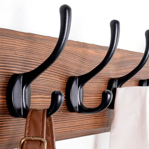 SKOLOO Rustic Wall Mounted Coat Rack with 16 Inch Mounting Hole Distance, Pine Solid Wood Coat Hook Hanger - 5 Hooks for Hanging Clothes Robes Towels Coats - color: Brown Plate & Black Hook, size: 1 Item-5 Hooks