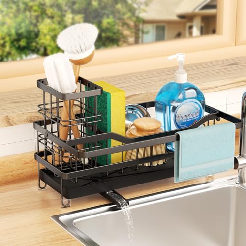 Sponge Holder for Kitchen Sink, Self-draining Sink Organizer with Towel Rack and Brush Holder, Metal Kitchen Sink Organizer for Countertop, Black - color: Black