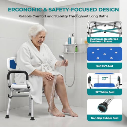 Shower Chair for Inside Shower with Arms & Back, 550 lbs, 6 Heights | Dual Crossbar Frame, Non-Slip Feet, 22-Inch EVA-Cushioned Seat, Showerhead Holder, Rust-Resistant Aluminum, Tool-Free Setup - color: Blue